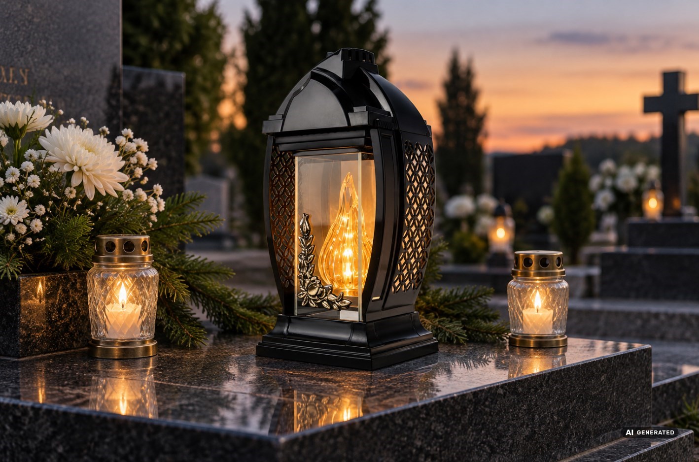 Lampion / kapliczka szklana LUKS SDZ 33 cm – czarna ze srebrnym zdobieniem